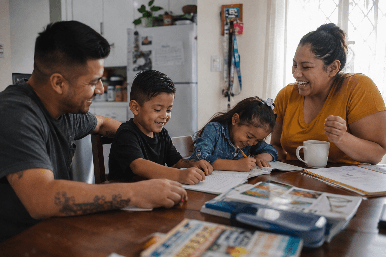 Una familia latina joven riendo en la sala de su casa